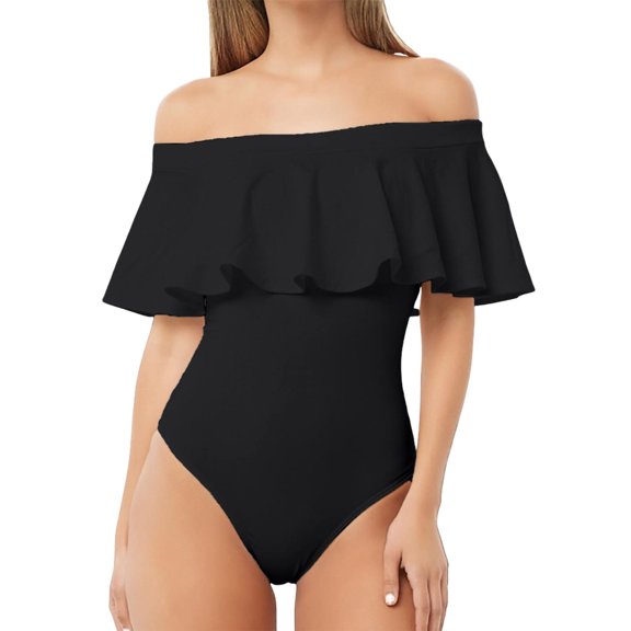 VNKIDY Womens Solid Color Off Shoulder Ruffle One Piece Swimsuit With Slim Fit Soft Stretch For Daily Beach Wear Casual Summer Outings Soft Swimwear
