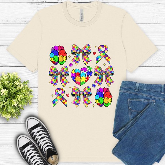 Autism Awareness Teacher Shirt – Puzzle Ribbon Bow Heart Graphic Tee , Natural, S