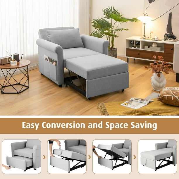 Costway Convertible Sofa Bed 3-in-1 Pull-out Sofa Chair Adjustable  Reclining Chair Grey 