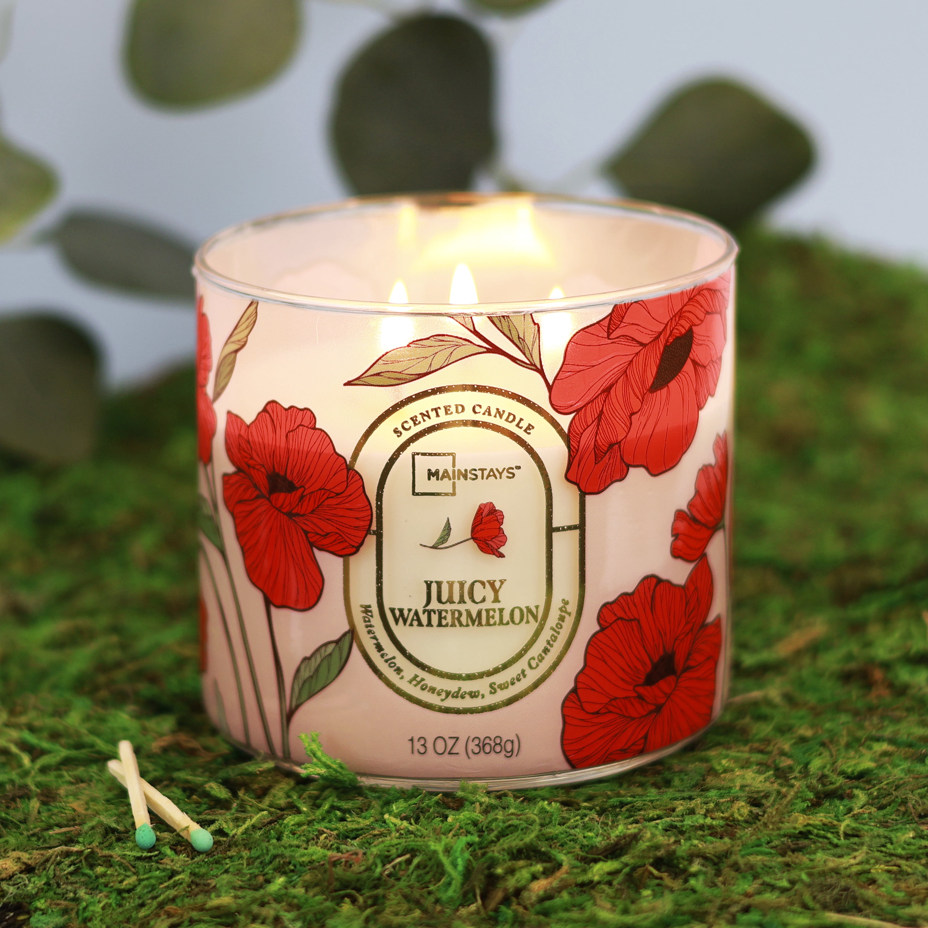 Mainstays 3-Wick Floral Scene Scented Jar Candle, Juicy Watermelon, 13oz