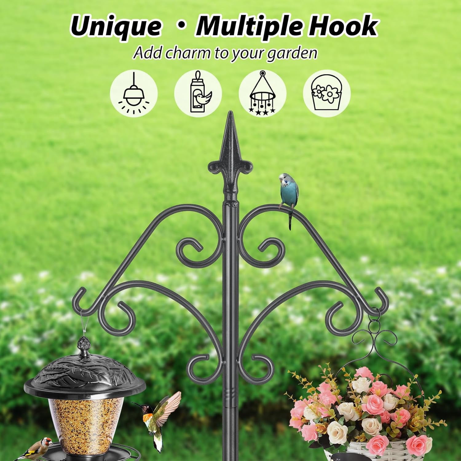 KOLAKO Bird Feeding Station,195cm Tall Bird Feeder Pole Stand, Heavy Duty Garden Shepherds Hook Black, 76 inch