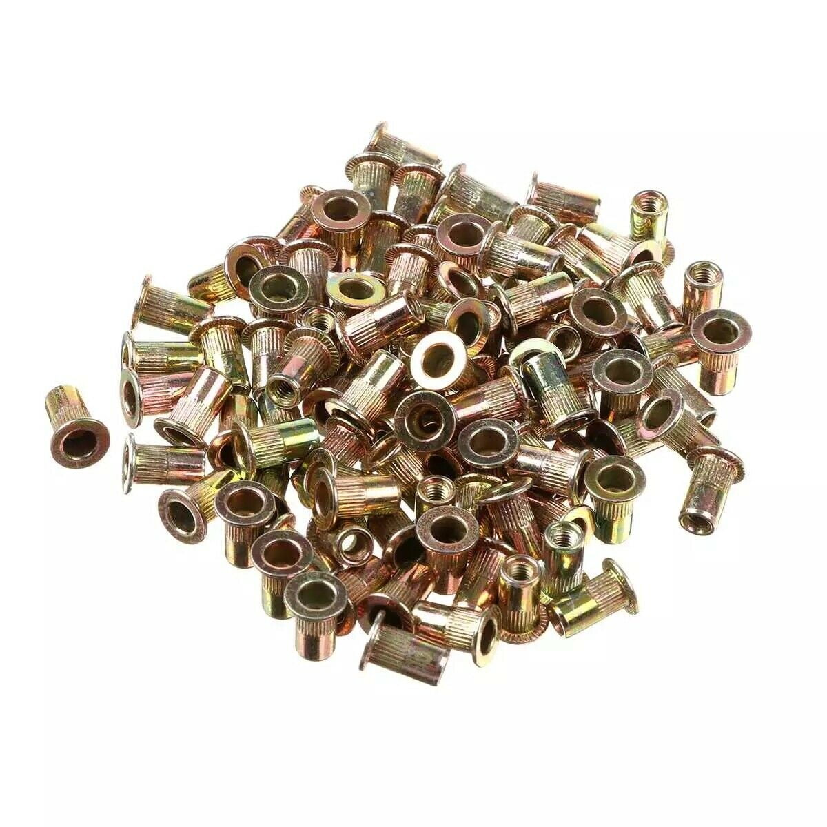 iMeshbean 1200pcs Zinc Steel Stanless Aluminum Ribbed Plated Carbon Steel Rivet Nut Flat Head Rivnut Threaded Insert Nutsert Rivet Nut Assortment Kit Assorted in M3 M4 M5 M6 M8 M10 M12