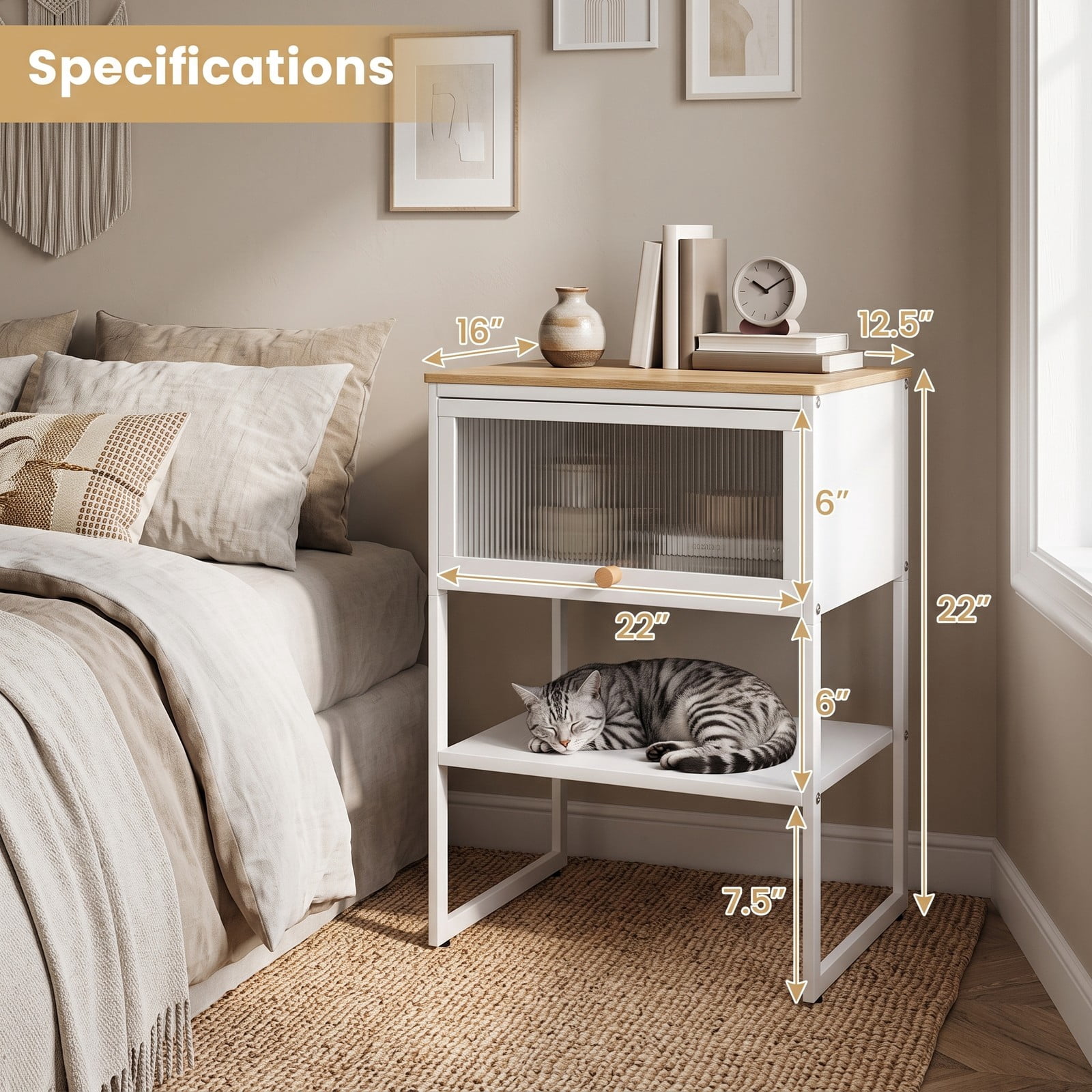 Furnibear 3-Tier Nightstand with Flip Up Fluted Door and Open Bottom Shelf plus Metal Frame for Small Spaces and Bedroom, White