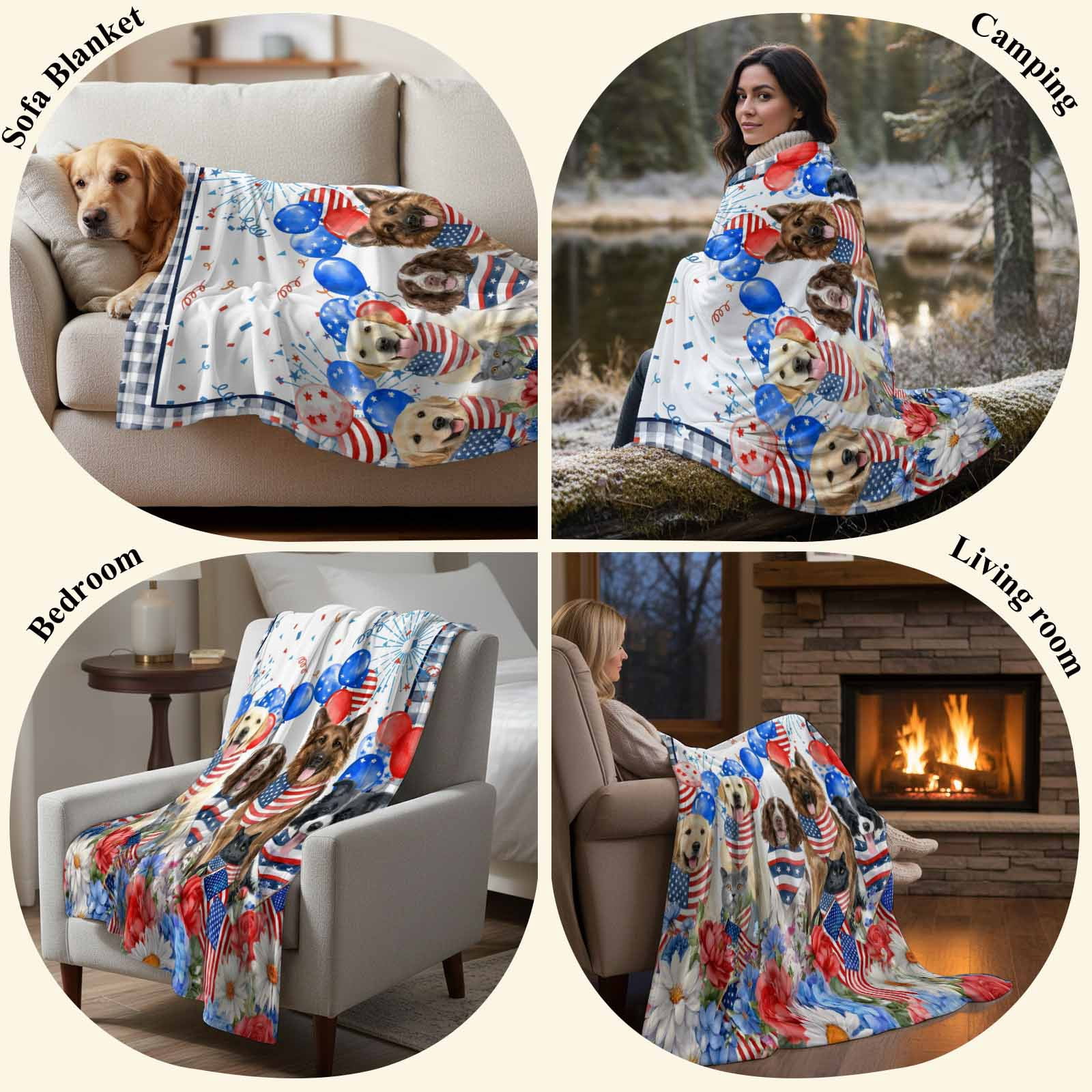 Independence Day Blanket Soft Cozy Warm Throw Blanket for Couch, Plush Fuzzy Flannel Fleece Blankets for Sofa, Red Blue Floral Dogs 4th of July Plaid Bed Blankets Lightweight Gifts for Women, 50"x60"