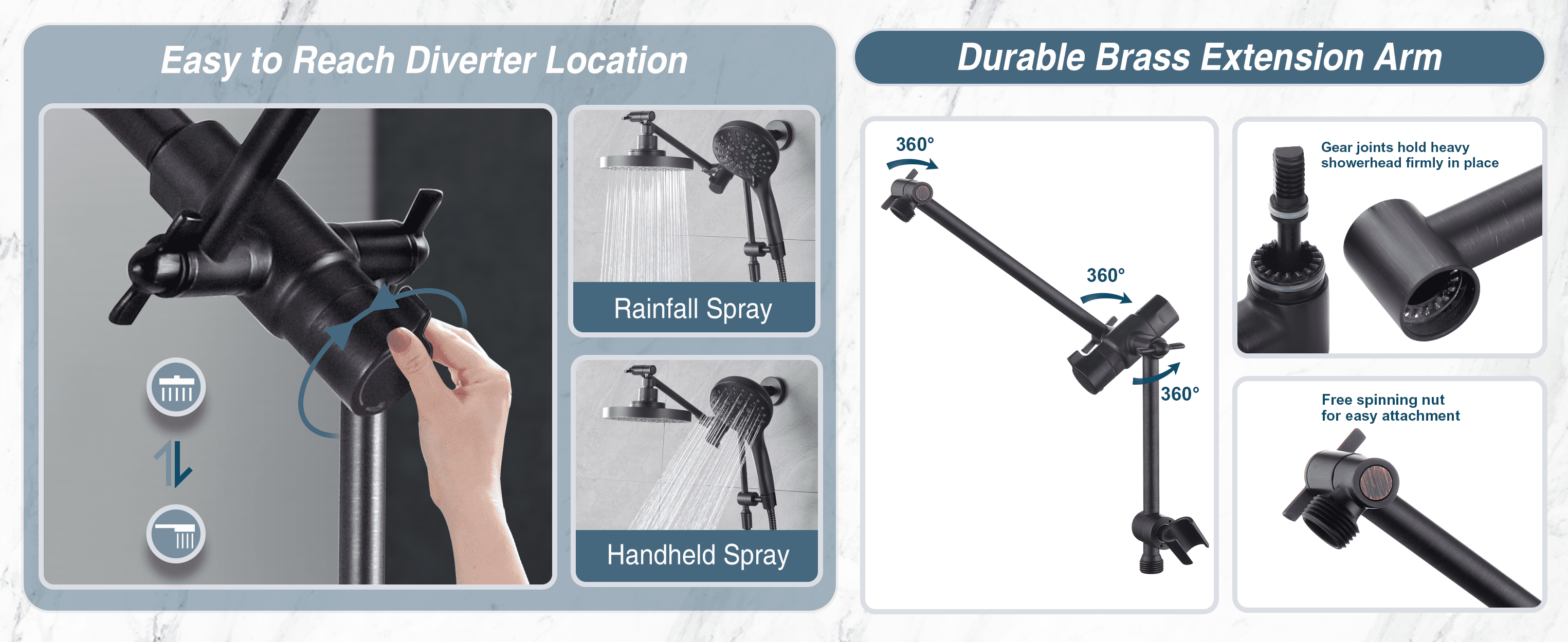 BRIGHT SHOWERS Rain Shower Head with Handheld Spray Built-in Power Wash, High Pressure Dual Shower Head with Height Adjustable Extension Arm, 3-Way Diverter, 9 Settings Handheld, 69” Long Hose, ORB