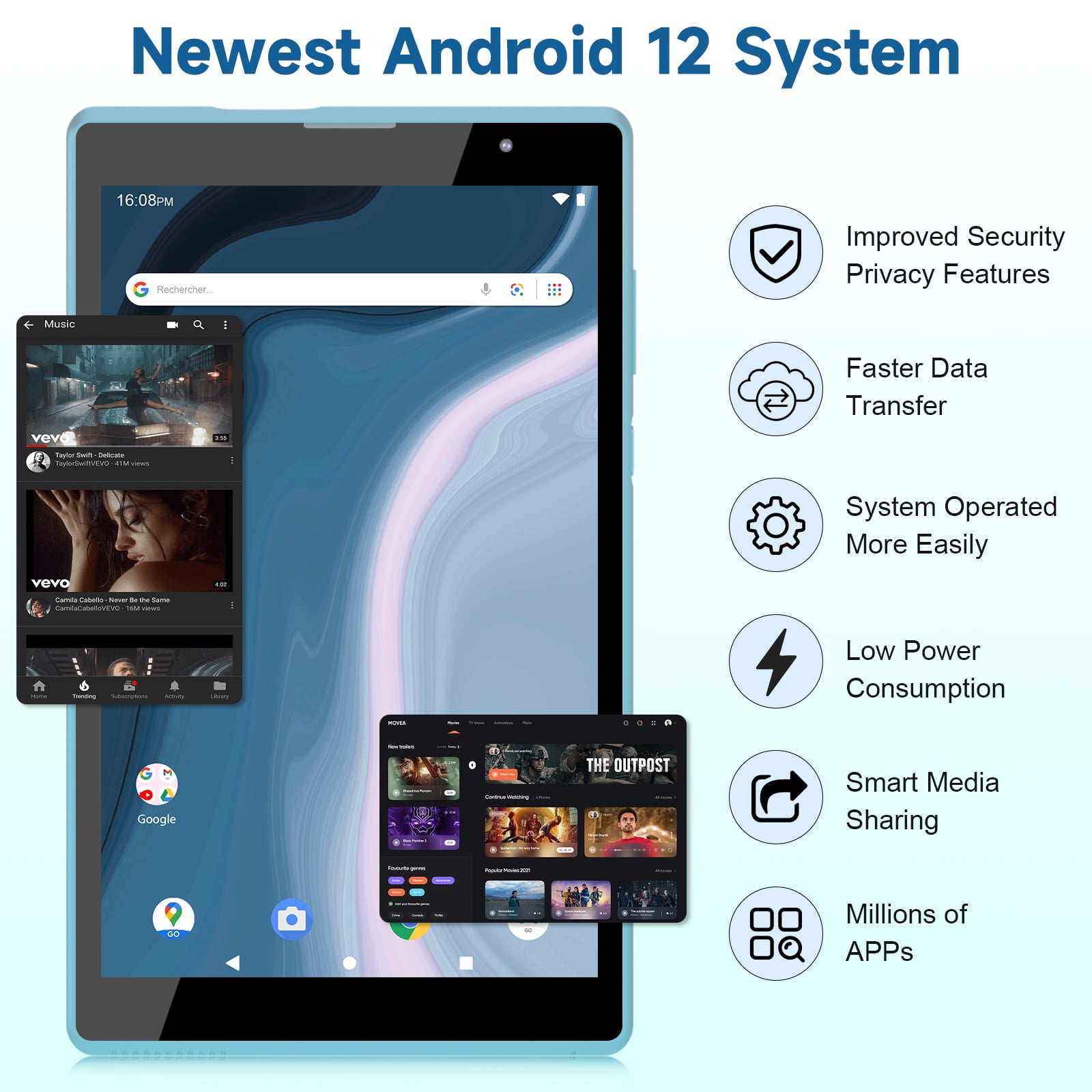 Android Tablet 8 inch, Android 12 Tablet, 4GB RAM 32GB ROM, Quad-Core Processor, Dual Camera, WiFi, 1TB Expand, Game