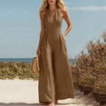 thumbnail image 4 of Womens Halter Sleeveless V Neck Zipper Jumpsuit Cotton Blend High Waist Wide Leg Solid Romper with Pockets for Vacation Daily Wear Brown XL(XL), 4 of 6