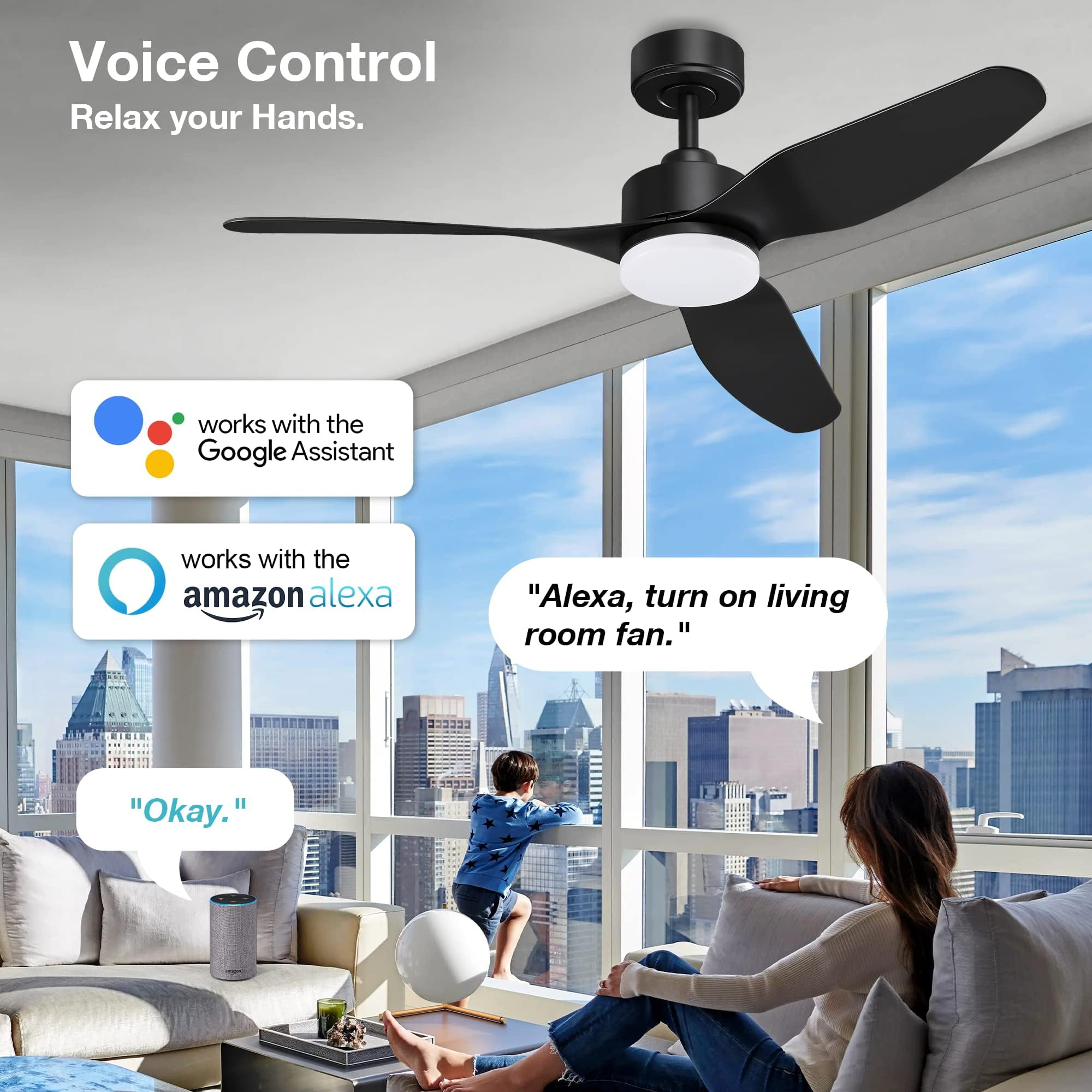 48" Smart Ceiling Fans with LED Lights Remote,Quiet DC Motor,Dimmable,Outdoor Indoor Modern Ceiling Fan Controlled by WIFI Alexa App,3 Black Blades for Bedroom Living Room Patio Porch