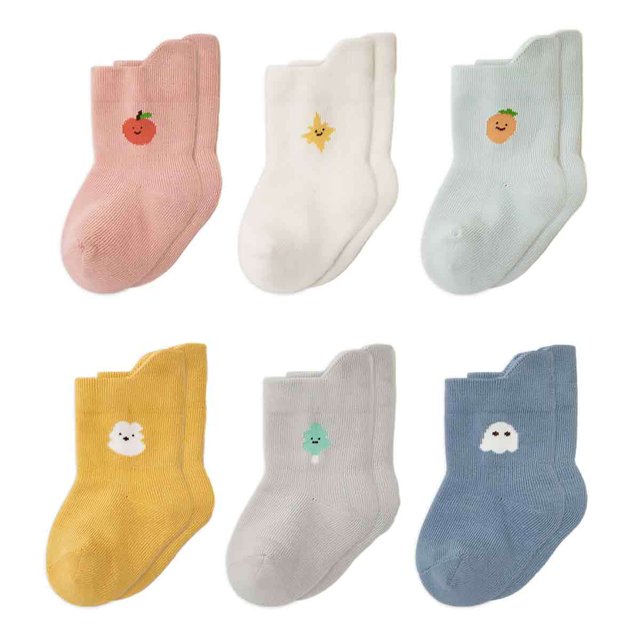 Laklulu 6 pares/cajas de lindos calcetines de bebé otoño/invierno con estampados de manzanas, estrellas, naranjas, fantasmas y otros lindos