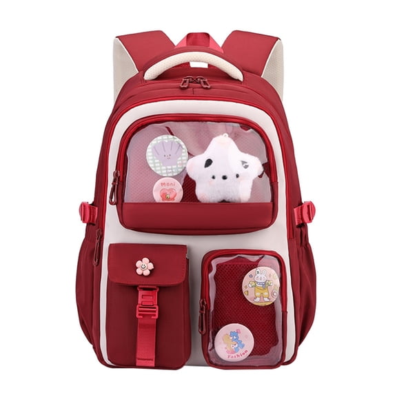 Clear Backpack Window Fluffy Star Plush Doll Floral Button Accent Breathable Straps Waterproof Primary School Middle Elementary Back To School Bookbag