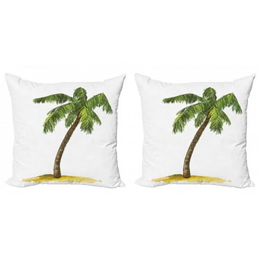Ambesonne Tropical Throw Pillow Cover 2 Pack, Cartoon Palm Trees, 16", Green Brown