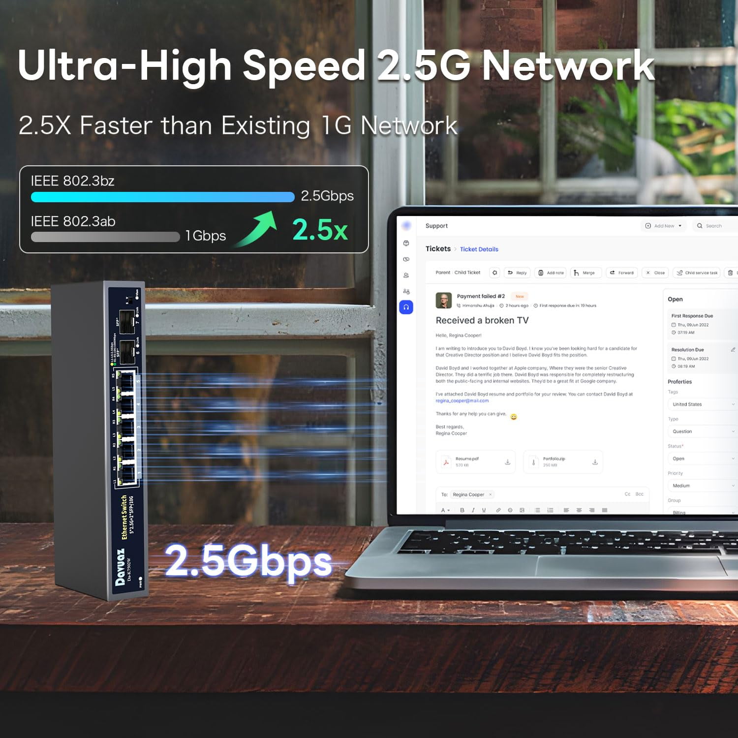 Davuaz 2.5G Unmanaged Ethernet Switch with 5 x 2.5G Base-T Ports and 2 x 10G SFP Uplink Port, Compatible with 100/1000/2500Mbps, Fanlesss Design, Plug & Play, Metal 2.5Gb Network Switch