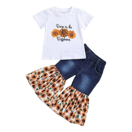 

Bagilaanoe 2pcs Toddler Baby Girl Long Pants Set Sunflower Print Short Sleeve T-shirt Tops + Denim Flare Trousers 1T 2T 3T 4T 5T 6T Kids Casual Outfits