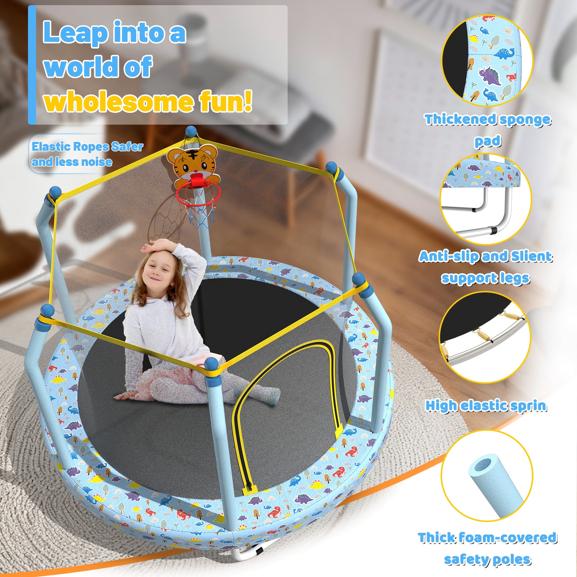 55" Trampoline with Enclosure for Kids, SEGMART Indoor Outdoor Toddler Trampoline with Basketball, Indoor Outdoor Kids Trampoline with Basketball Hoop, Small Round Trampoline for Boys Girls