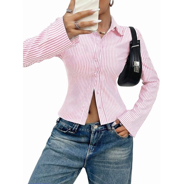 Camisa Corta A Rayas con Botones y Larga Ajustada para Mujer, Blusa de Trabajo Rosa L