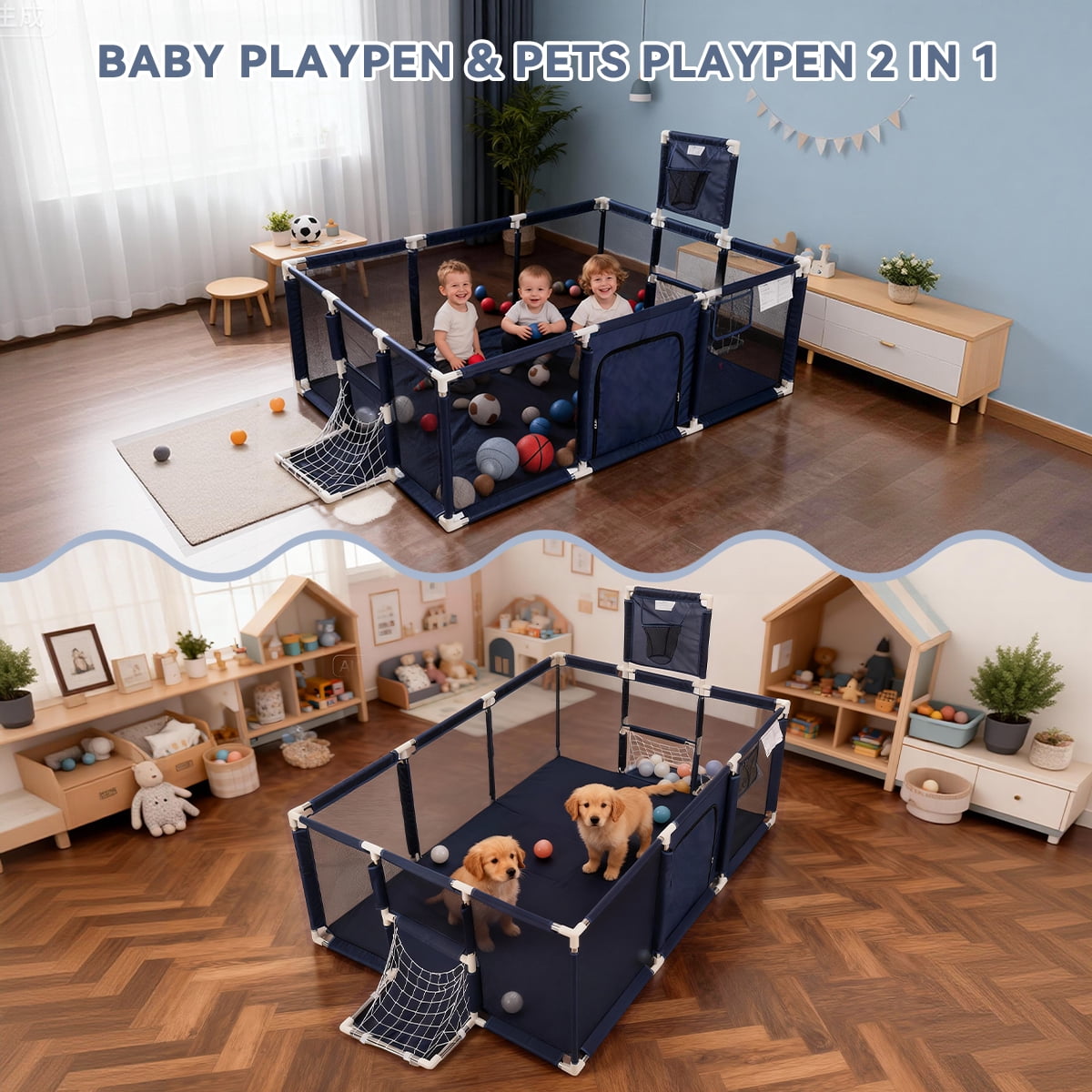 Baby Playpen,71x48inch Large Play Yard for Babies Toddlers, Sturdy Safety Baby Play Area Center Twins, Blue