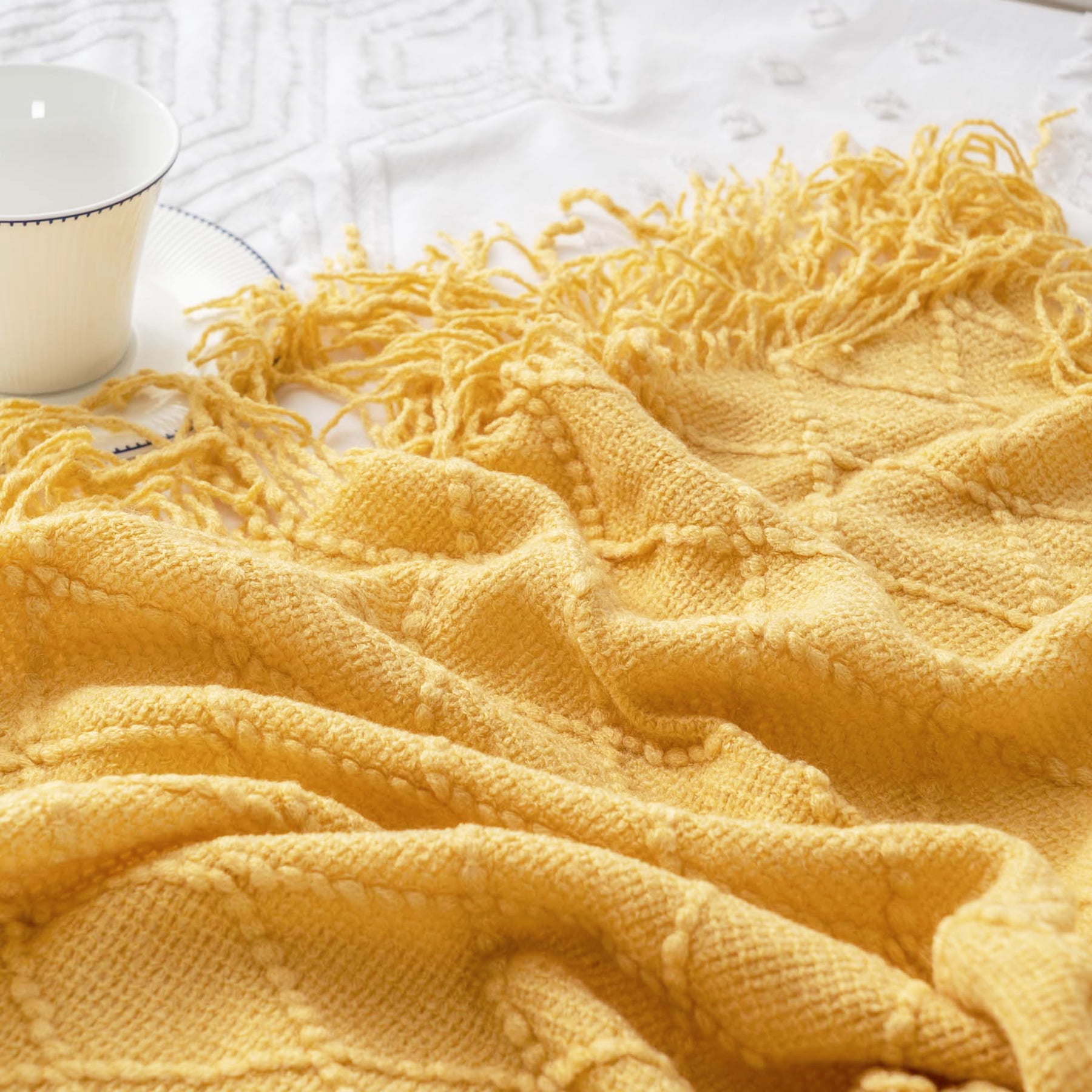 Battilo Mustard Throw Blanket for Couch,Gold Yellow Knit Throw with Fringe,Outdoor Throw ,50"x60"
