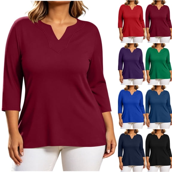 Perfectbot Women's Plus Size 3/4 Sleeve V-Neck Tee Casual Solid Color T-Shirt Sizes L-5X