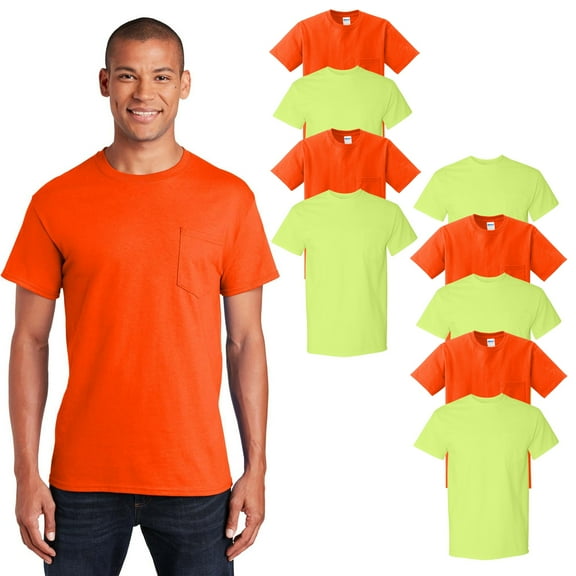 Gildan Hi-Vis Safety Pocket T-Shirt, ANSI Compliant, Green & Orange Mix Pack of 9, S