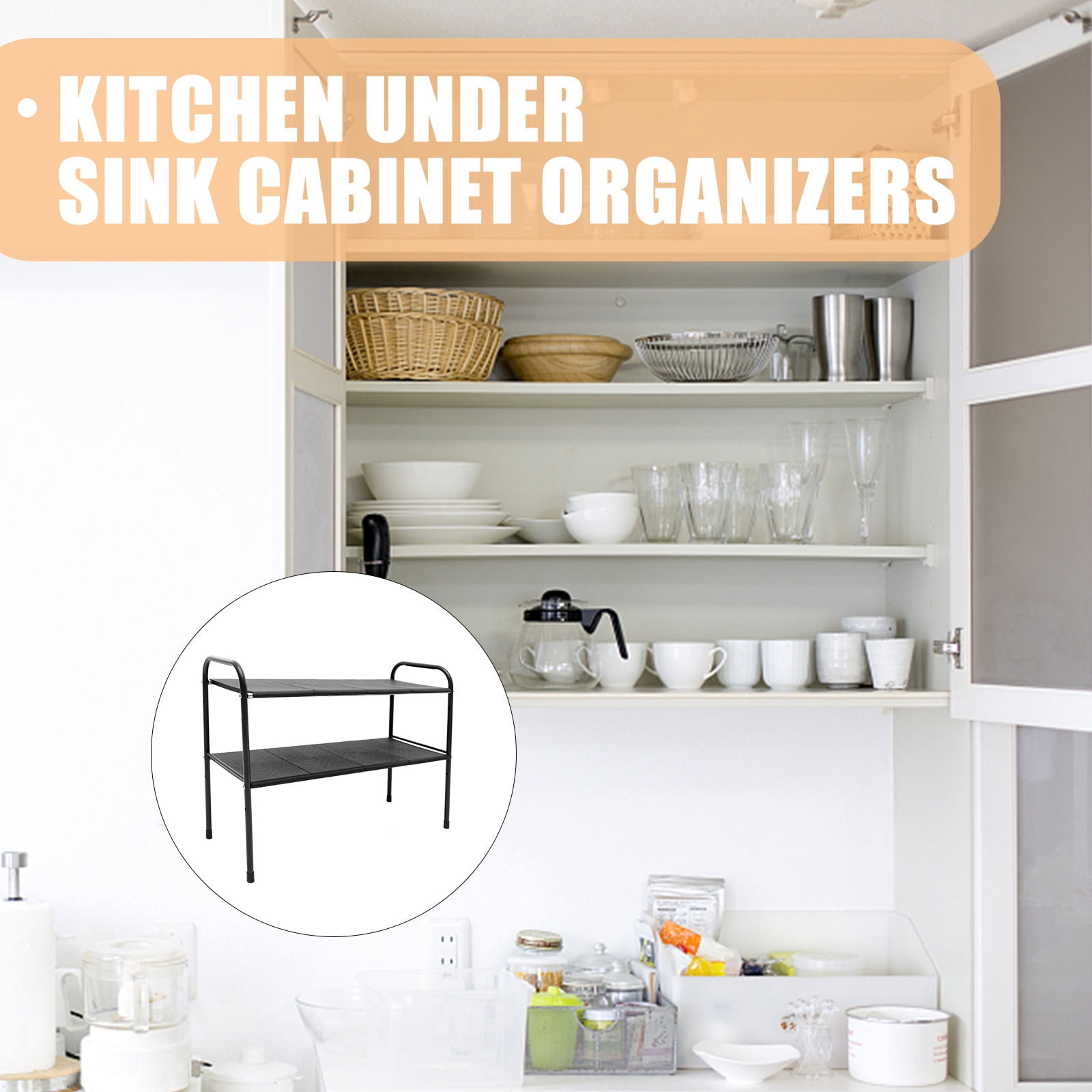 LOLIPPYY 1Set Kitchen Under Sink Cabinet Organizer Black Stainless Steel Telescopic Double Layer Rack
