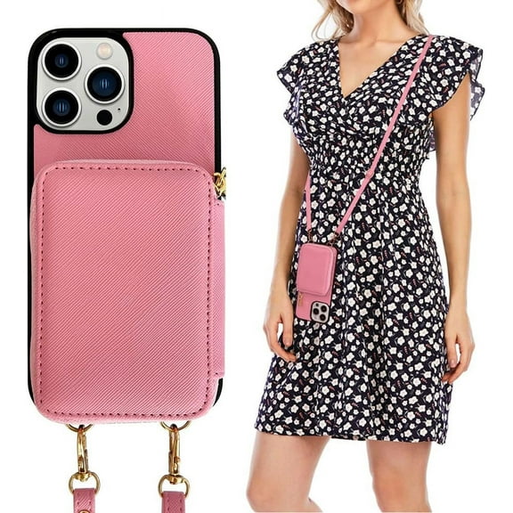 Compatible with iPhone 13 Pro Max Card Holder Case Wallet Crossbody Lanyard Neck Strap for Women Girls with Card Slot Purse Pocket Handbag Cover Girly Fashion PU Leather Phone Case Pink