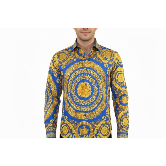 Men's AVM Crystal Shirt Medallion Medusa Cotton Slim Fit 9628-06 Royal Blue