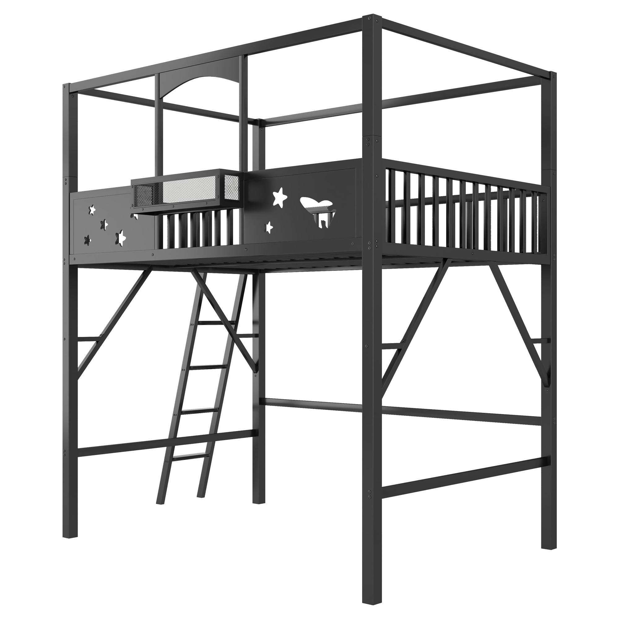 Leumius Full Size Loft Bed with Ladder and Storage Shelves,Metal High Loft Bed for Bedroom,Black