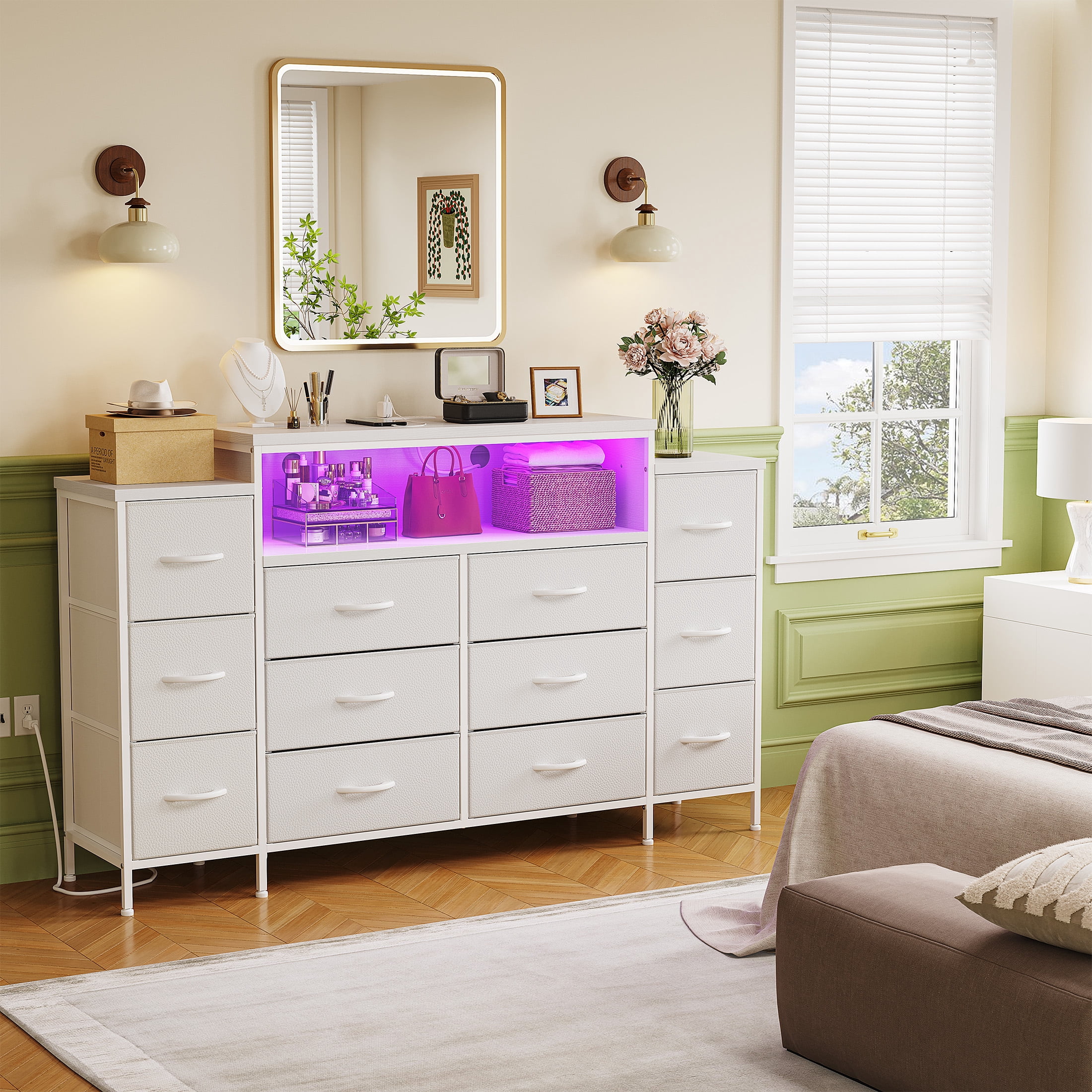 EnHomee White Dressers for Bedroom with 12 Drawer Fabric Dressers with LED lights & Power Outlet,55"W x 11.8"D x 33.5"H