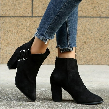 

UTTOASFAY Boots for Women Fashion Women Casual Suede Thick Heel Pointed Bare Boots Back Zipper Solid High Heel Shoes Rollbacks