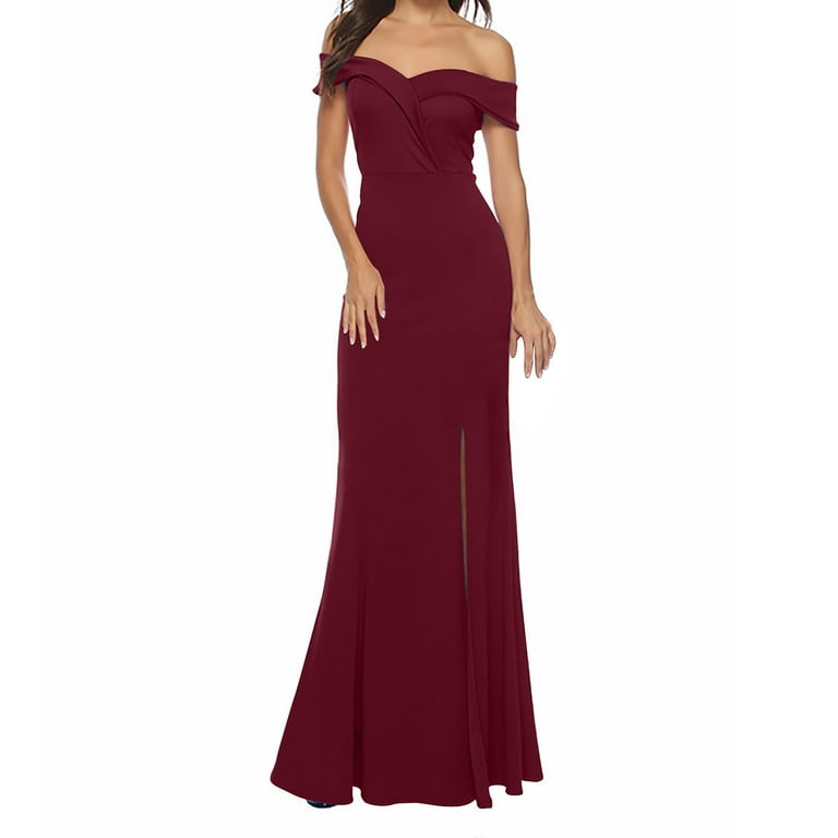 fartey Women's Off the Shoulder Maxi Dress Slim Fit Short Sleeve Bodycon  Dresses Sexy Side Slit Hem Long Sundress Elegant Evening Party Wedding Dress  - Walmart.com