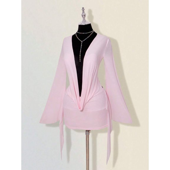 Pink Sheer Mesh Plunging V-Neck Mini Dress With Bell Sleeves And Twist Front Detail
