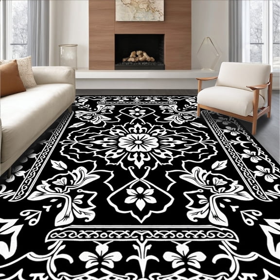 ODIKA 4'x6' Machine Washable Non-Slip Area Rug, Floral Vintage Inspired Medallion Boho Ornate High Traffic Rug, Black, 542946