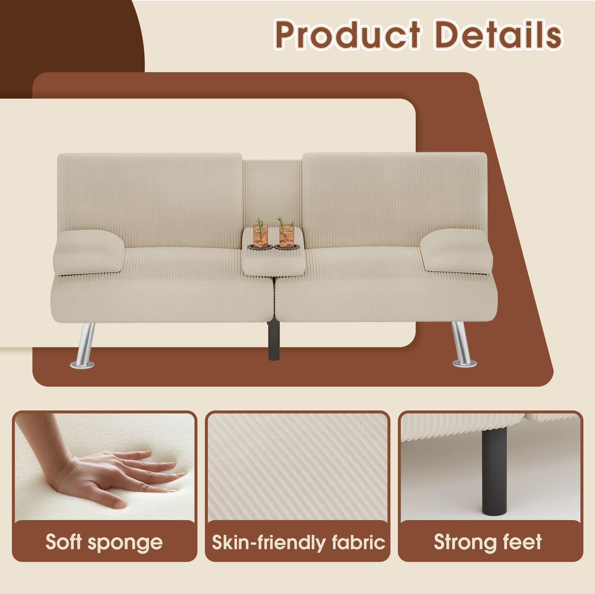 Homall  Futon Sofa Bed with Armrests and Cup Holders,Adjustable Backrest Angles,Convertible bed,Beige