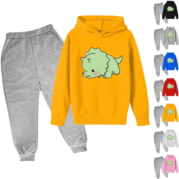 THDHVS Boys Outfits,Girls Fall Outfits,Dinosaur Print 2 Piece Set for Kids with Hooded Long Sleeve Top and Elastic Waist Pants for Playful Adventures Black 7-8 Years