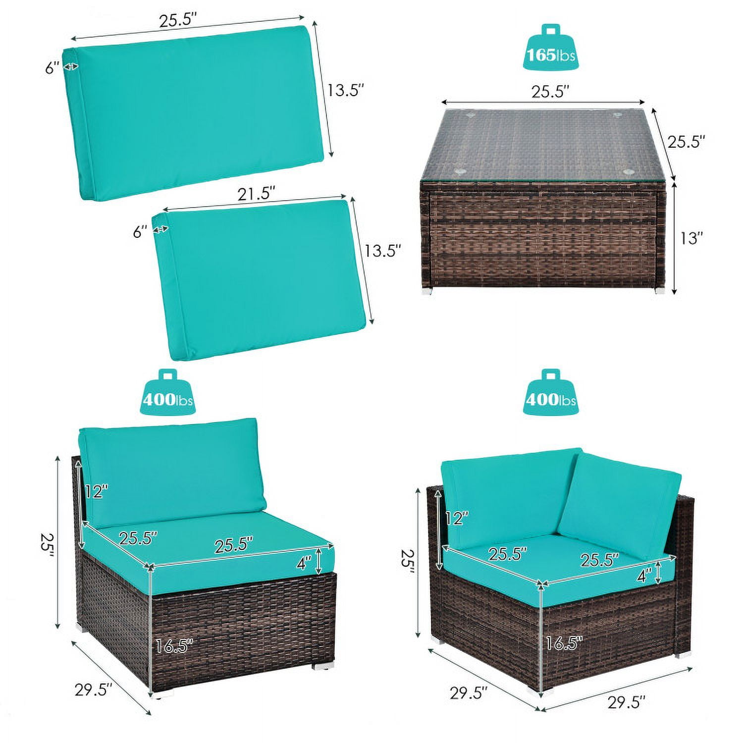 Aimee Lii 6 Pieces Patio Rattan Sectional Furniture Set with Cushions and Coffee Table, Outdoor Deck Furniture, Turquoise