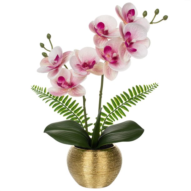 Jarrón Briful de 33 cm con forma de orquídea artificial, oro blanco y rosa Briful NA