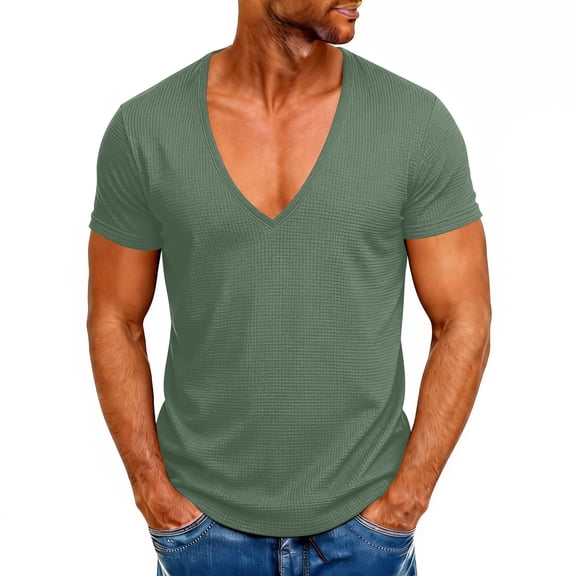 Kinrui Mens Deep V-Neck T-Shirts Short Sleeve Tops Workout Tees Workout T-shirts Gym Athletic Undershirts Slim Fit Activewear Green S