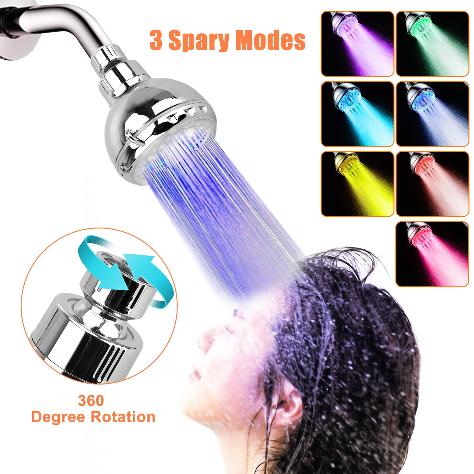 LED Shower Head, TSV High Pressure Filter Filtration Shower Heads, 7 Color Light Change Automatically, Stainless Steel Hose and Adjustable Bracket, 360 Degree Rotatable with 3 Shower Spray Modes