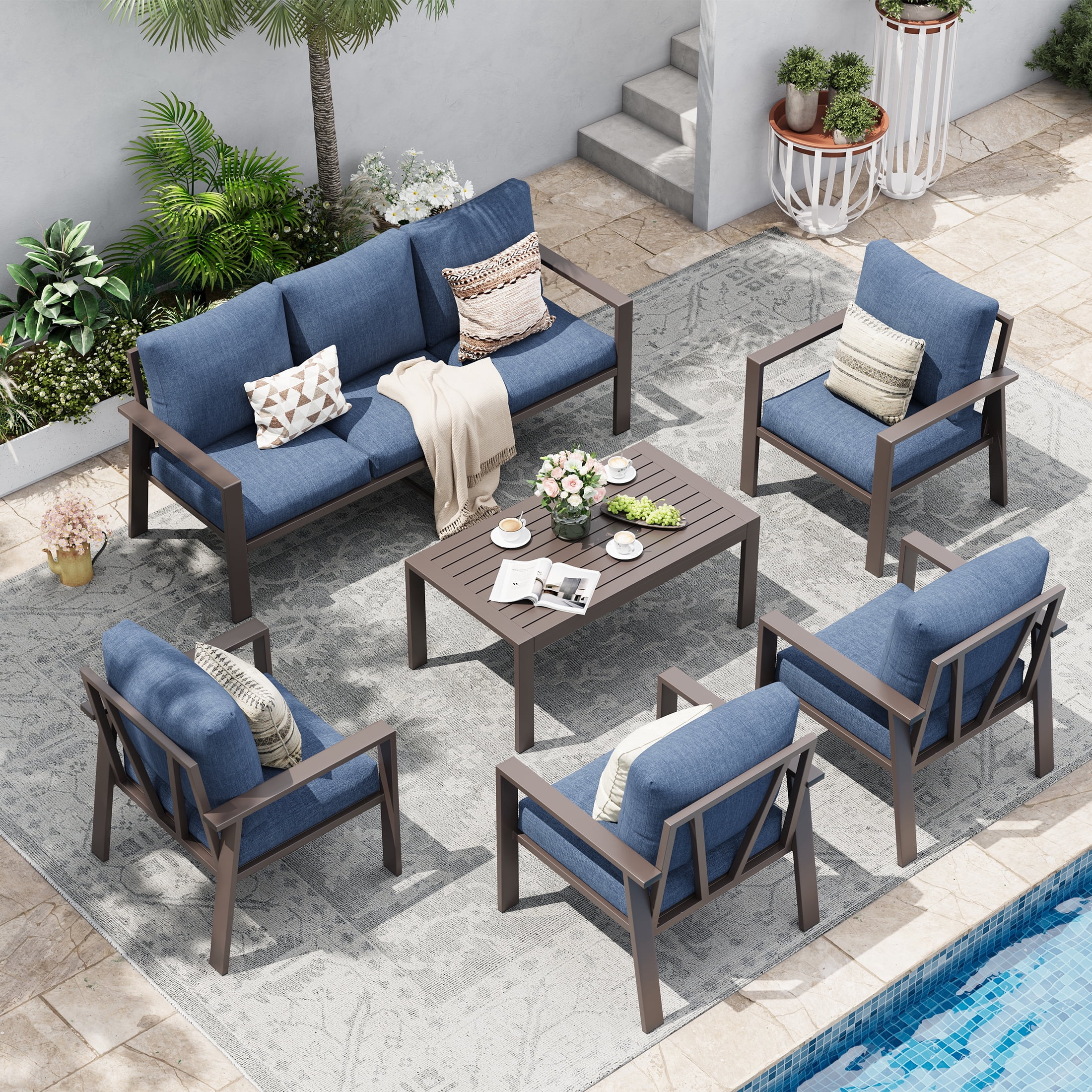 UDPATIO Aluminum Patio Furniture Set, Contemporary Outdoor Couch Set, Aluminum Patio Conversation Set, Blue