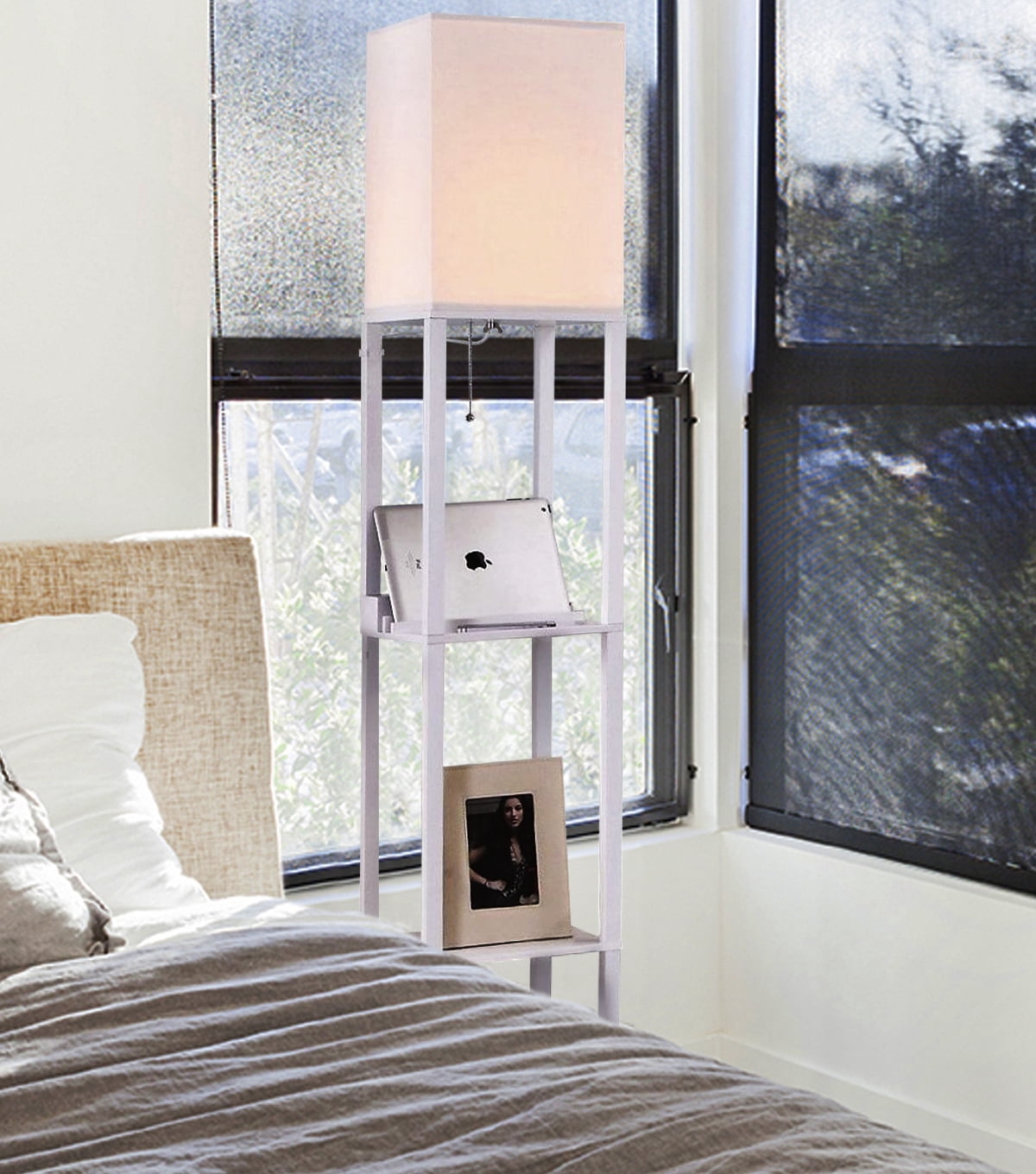 Brightech Maxwell Charger - Modern Shelf Floor Lamp with USB Charging Ports & Electric Outlet - Corner Display Floor Lamps with Shelves for Living Room, Bedroom and Office - White