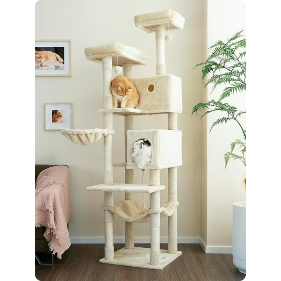 Ouritsu Cat Tree, 73.6 inch Tall Cat Climbing Tower for Large Cat Indoor with 2 Large Condos, 2 Widened Perches, Sisal Covered Scratching Posts, 2 Hammocks, Beige, XLF001WH