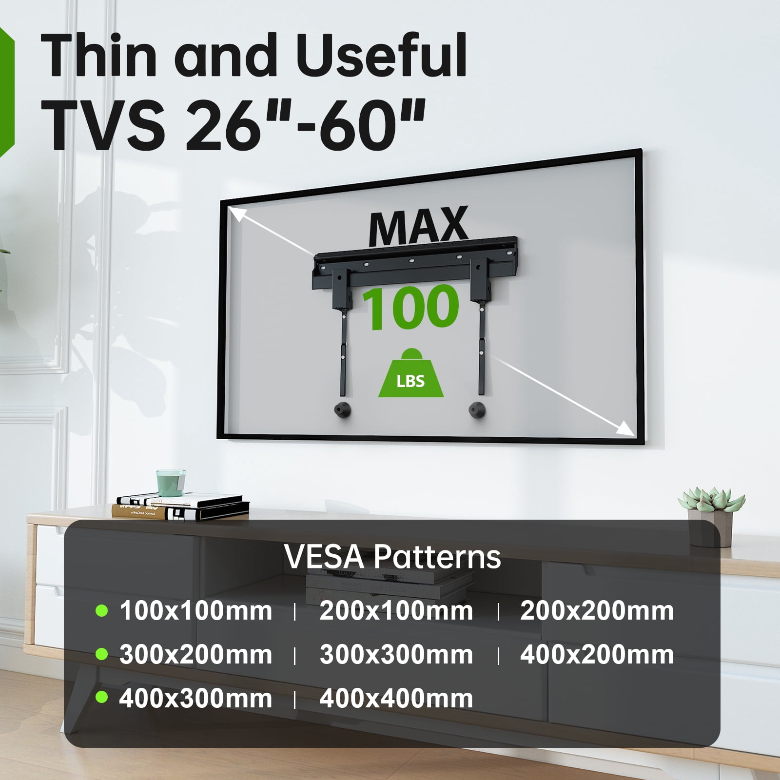 USX MOUNT No Stud TV Wall Mount for Most 26-65 Inch TVs up to 100 lbs, No Drill & Non Damage Drywall Studless TV Mount, Max VESA 400x400mm