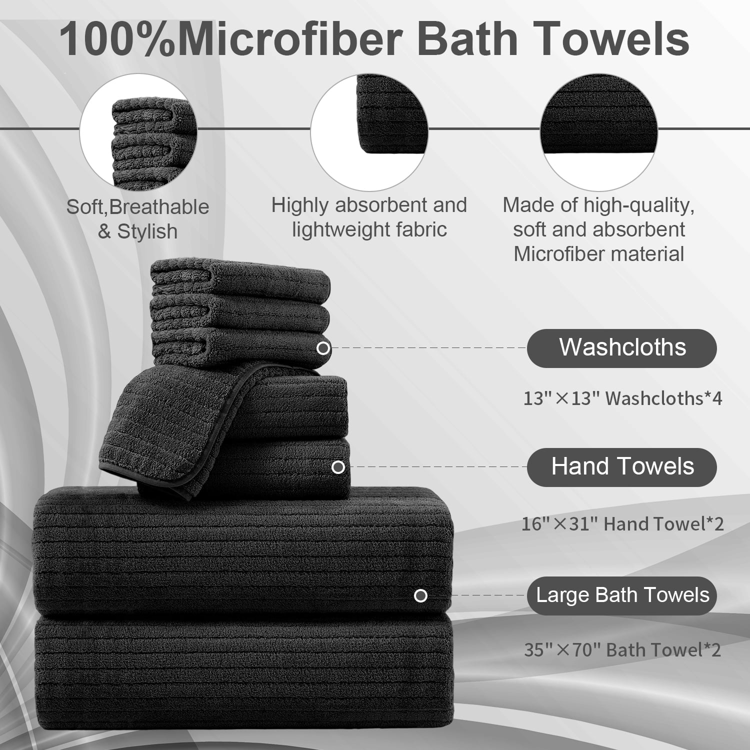 Covina Home 8 Piece Black Bath Towel Set Microfiber Bathroom Towel Set Ultra Soft Plush Oversized Towels Adult Luxury Bath Sheet