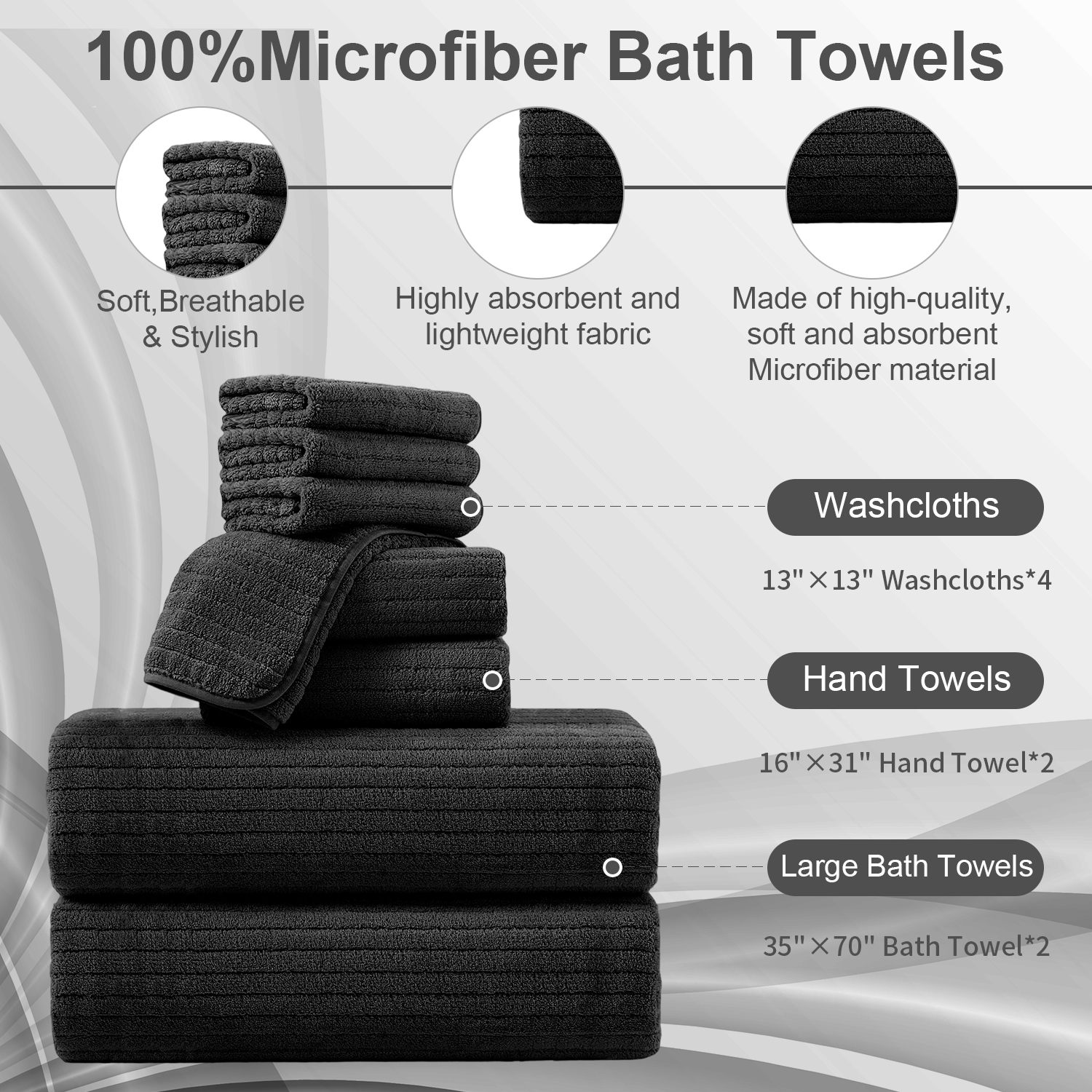 Covina Home 8-Piece Microfiber Bath Towel Set, Black photo 4