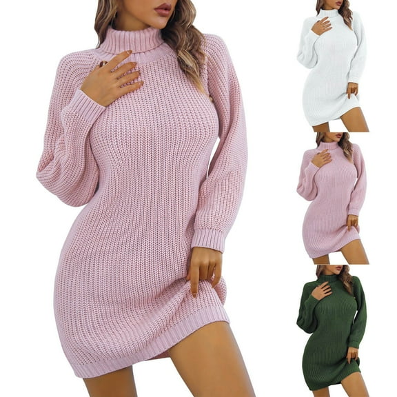 Ahuyic Womens Summer Casual Dress,Womens Plus Size Dress,Womens Winter Casual Buttoned High Collar Long Sleeve Bottoming Sweater Dress,Pink,S