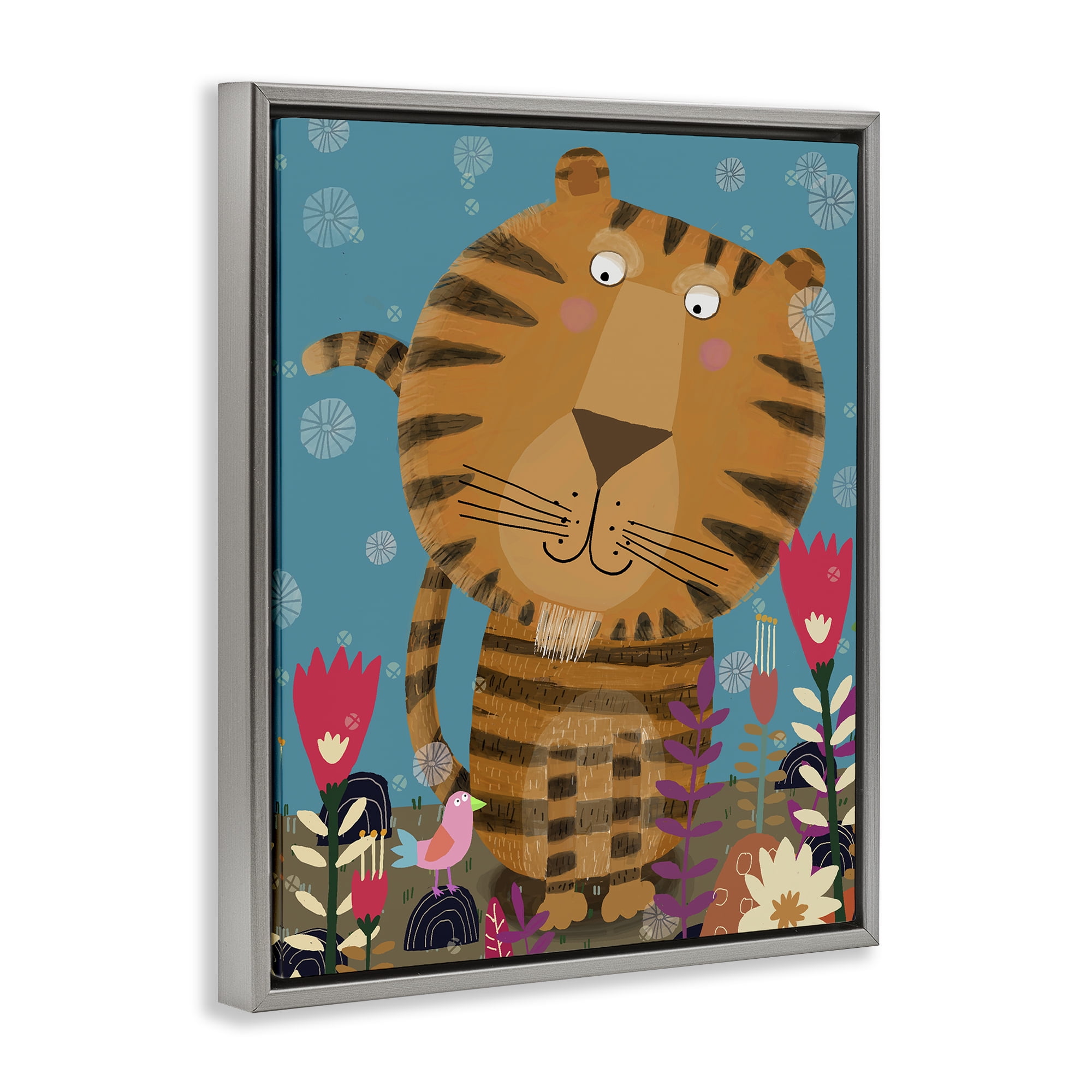 Stupell Industries Boho Tiger & Flowers Gray Framed Floater Canvas Wall Art, design by Carla Daly