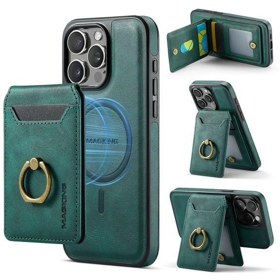Allytechgroup iPhone 13 Wallet Case Cover, Detachable Cards Holder, Wallet Case with Ring Holder Stand - Magnetic PU Leather Back Cover for Apple iPhone 13, Green
