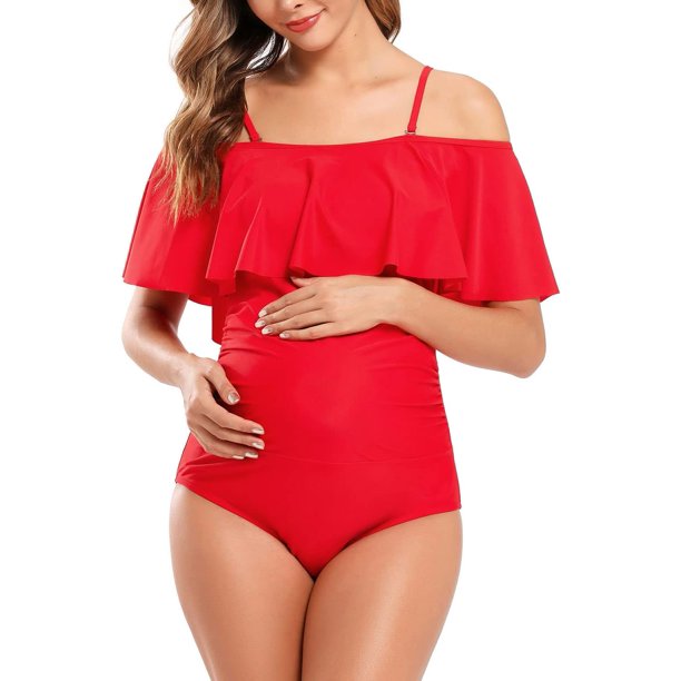 Trajes de baño de Maternidad con Hombros Descubiertos para Mujer Ruffle Embarazo Traje de baño de una Pieza Rosa roja XX-L Rosa roja XX-L Xishao ropa