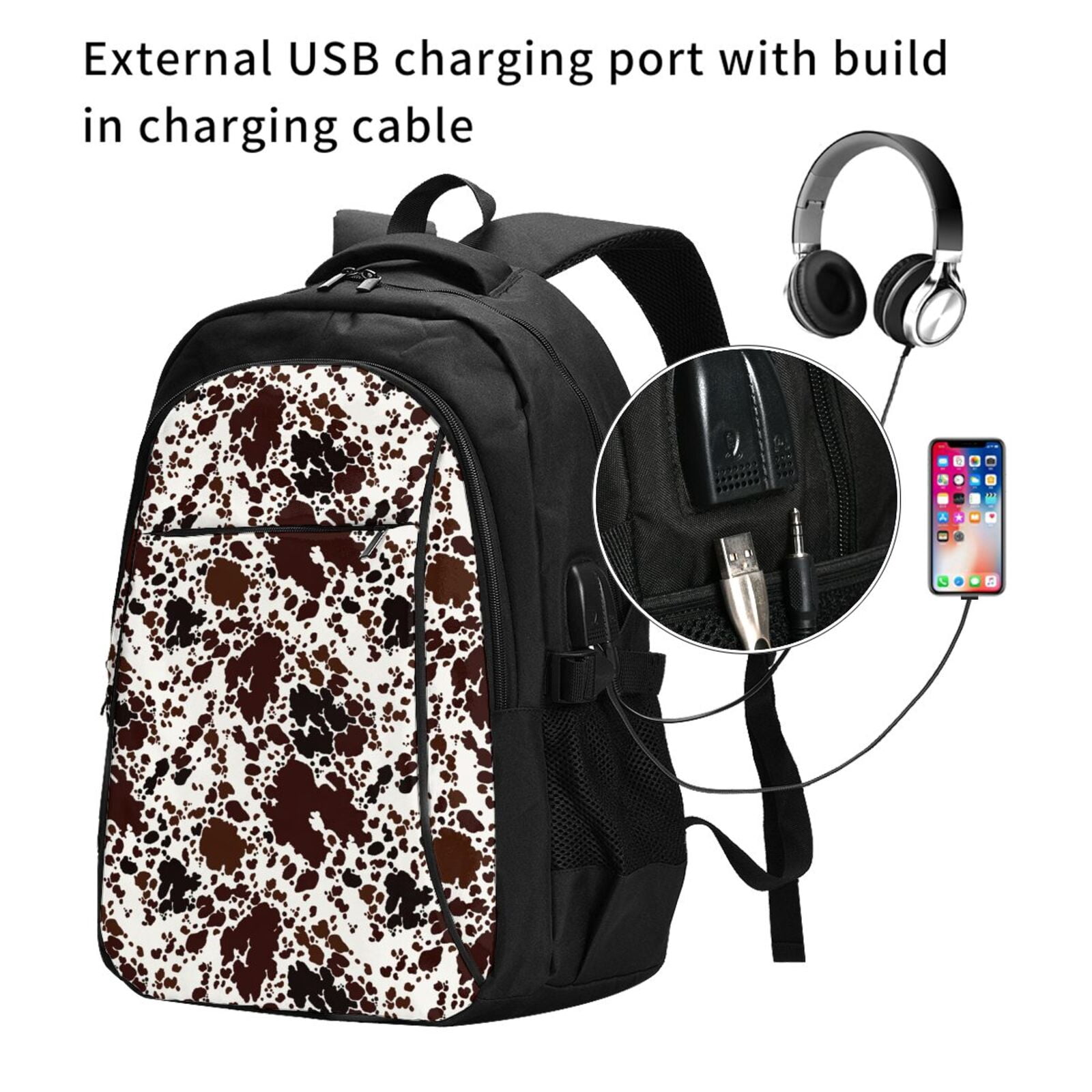 Vsdgher Cow Skin Print Travel Laptop Backpack, Laptops Backpack with USB Charging Port, Water Resistant Computer Bag Gift for Men & Women