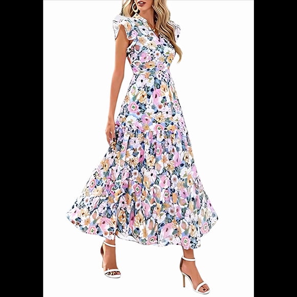 Vestido Midi Estampado con Escote en V, Mangas Plisadas y Volantes, Imagen 5 M